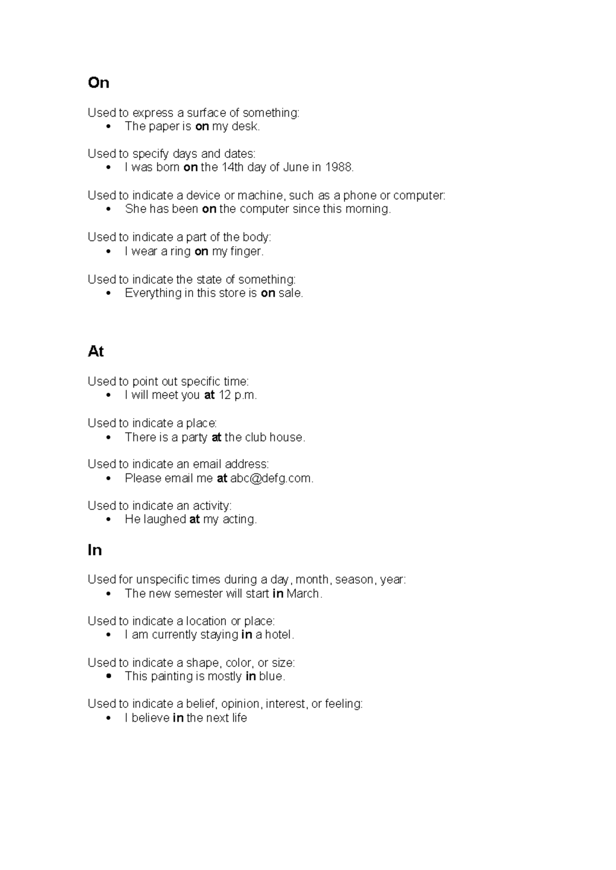 Preposition Usage Guide: On, In, At, Of, To, For (ENG 101) - Studocu