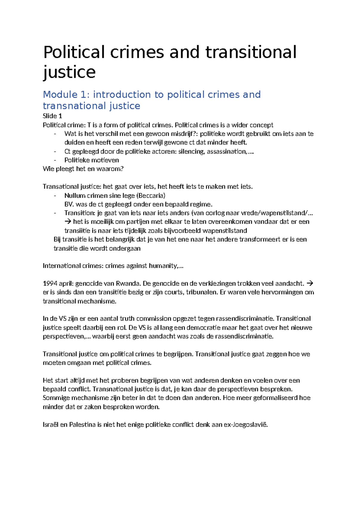 Political Crimes and Transitional Justice: Module 1 Overview - Studocu