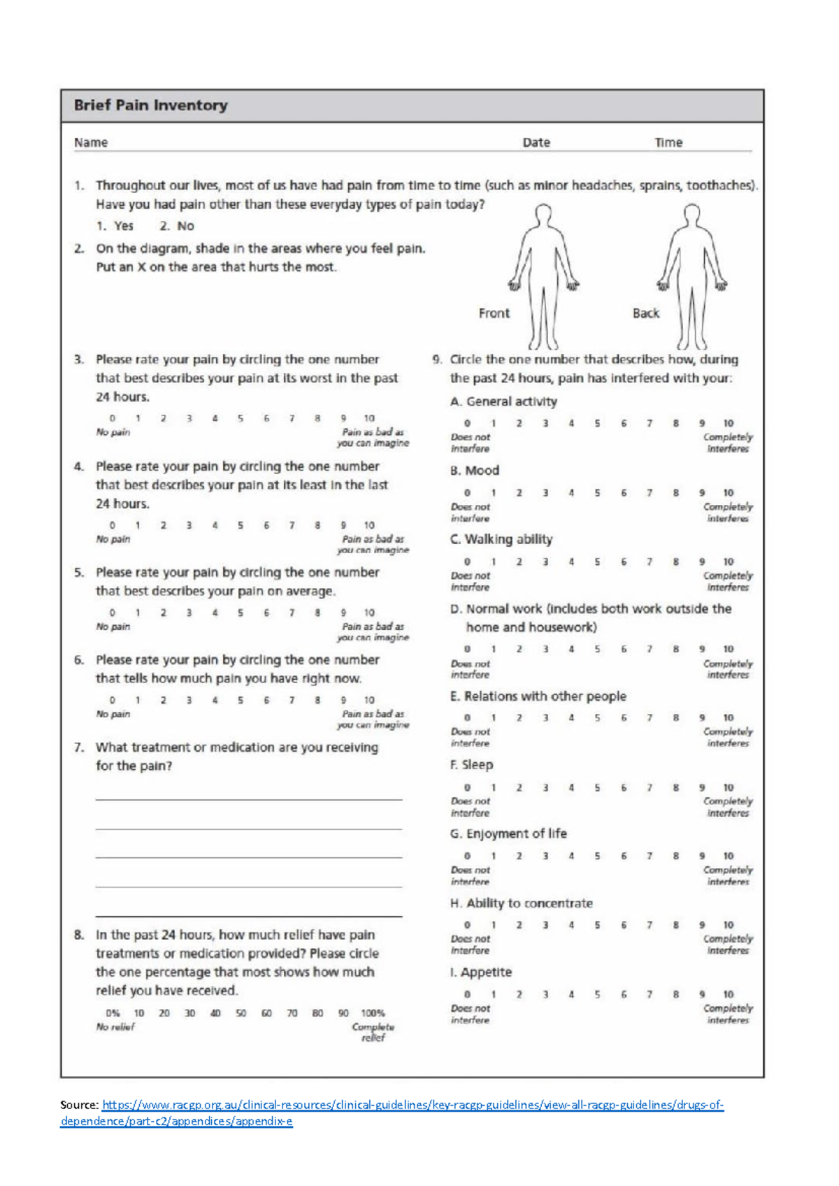 Brief pain inventory - Brief Pain Inventory Name Date Time 1 ...