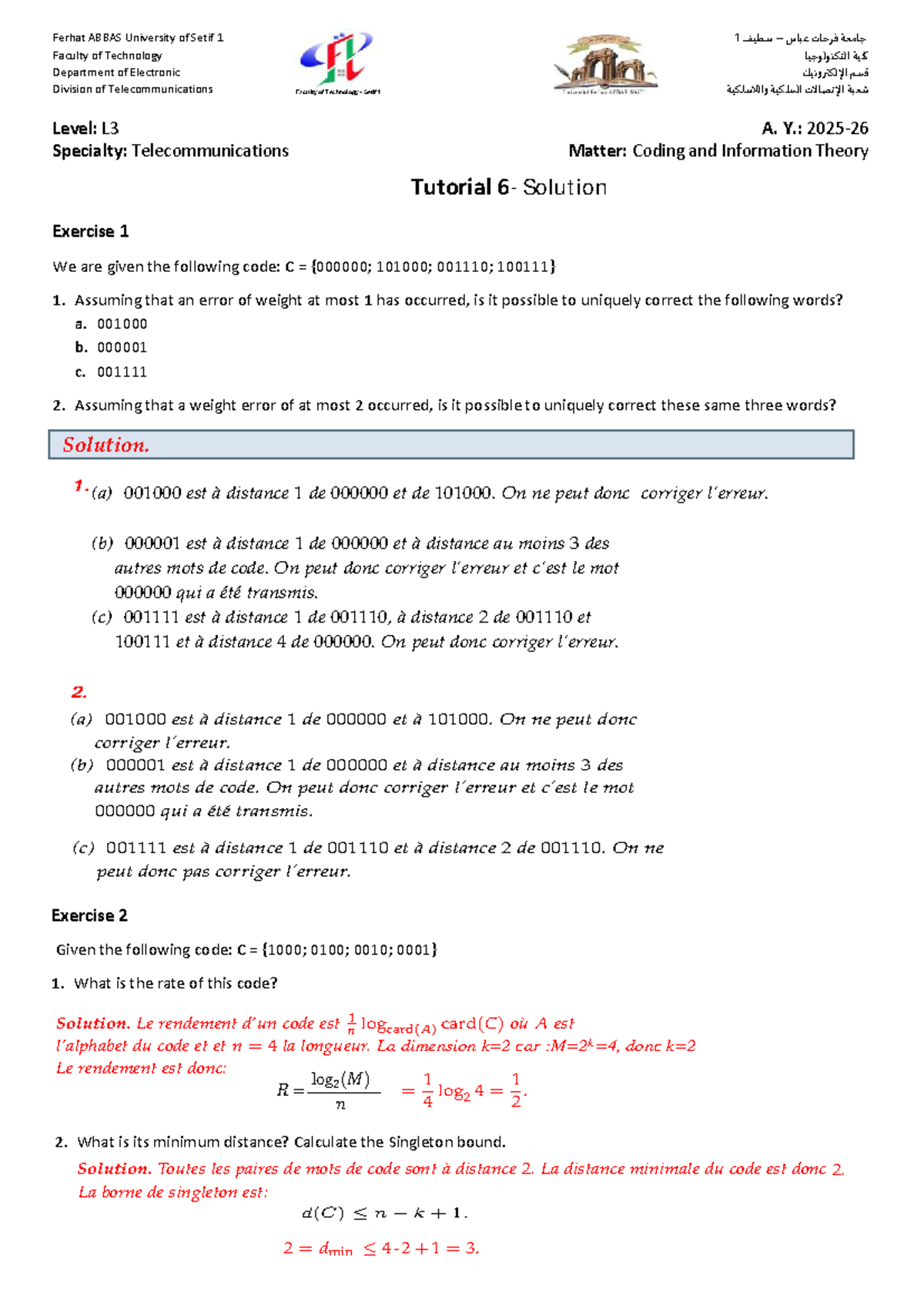 Tutorial 6 Solutions for Coding and Information Theory (L3) - Studocu