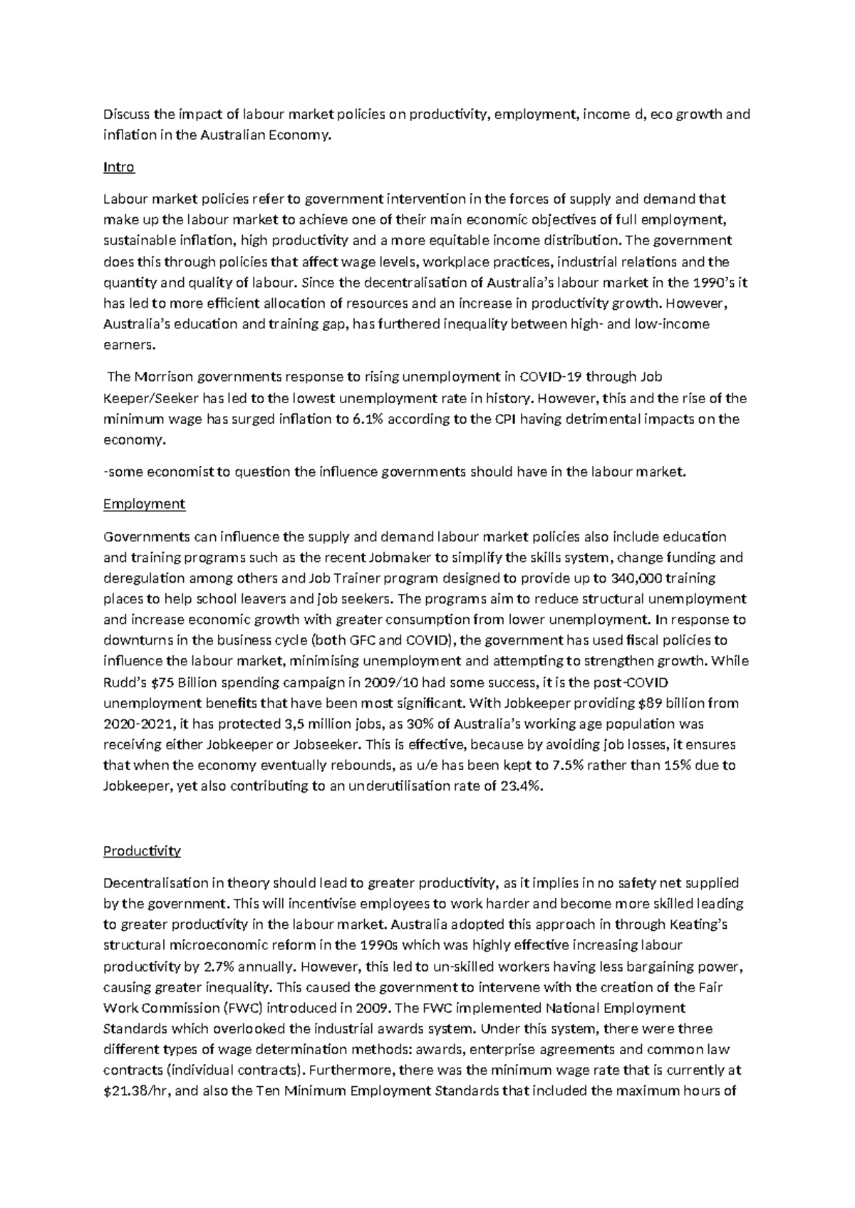 ECO102 Labor Market Policies Impact on Productivity & Income ...