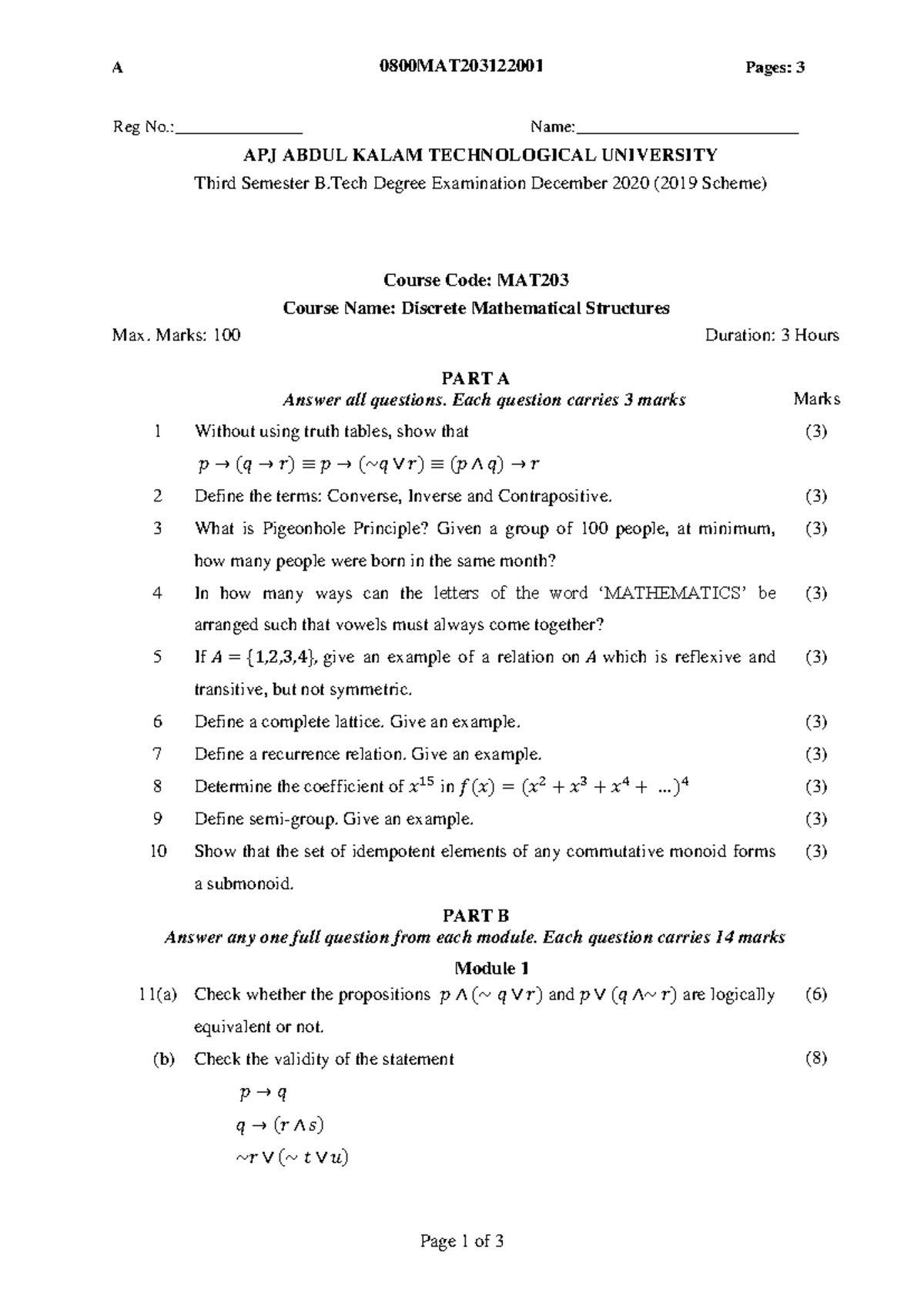 MAT203-QP - Discrete Math Structures: Previous Year Ques Paper - Studocu