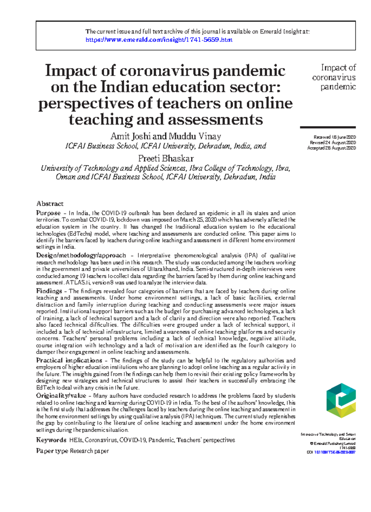 Impact of coronavirus pandemic on the Indian education sector ...