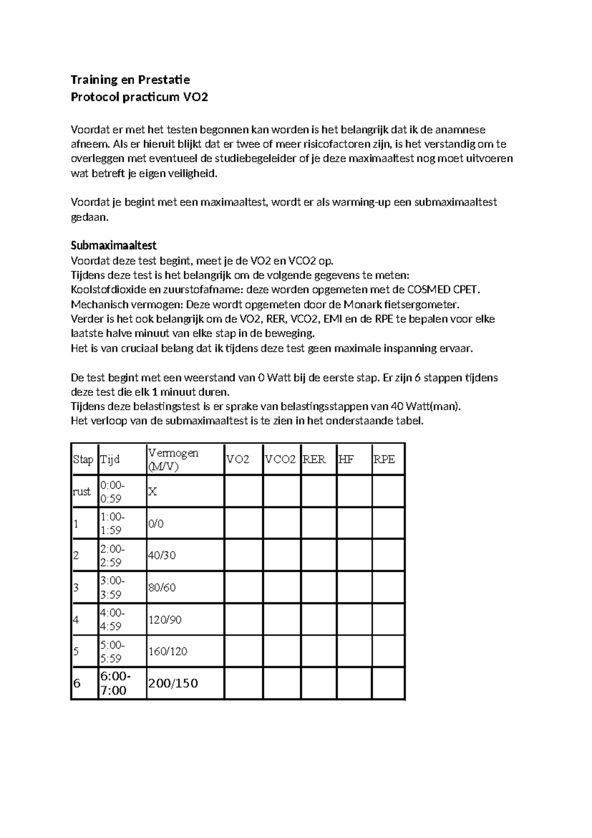 VO2 Test Protocol Practicum: Training en Prestatie Guide - Studeersnel