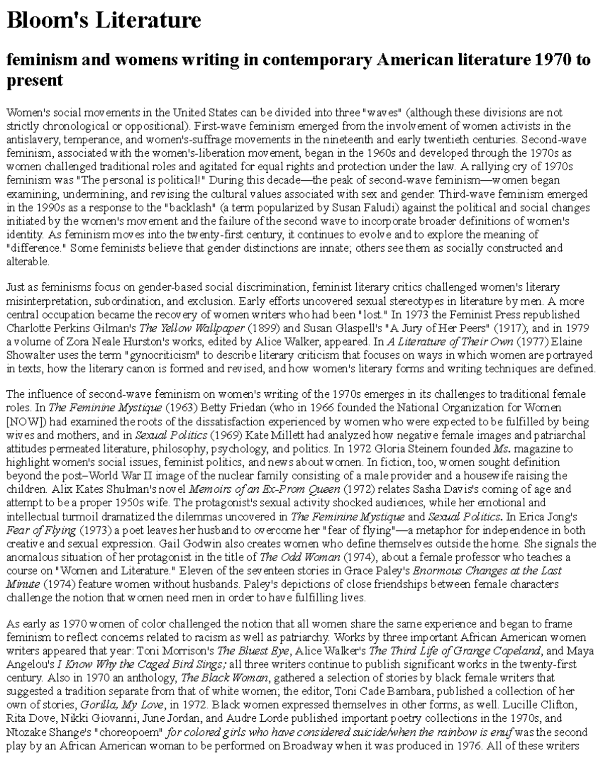 Feminism and Women's Writing in Contemporary American Lit (1970-Present ...