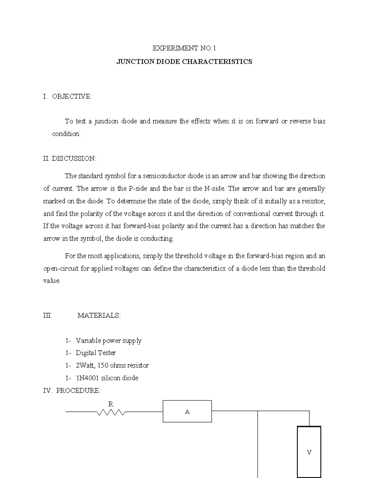Experiment No. 1: Junction Diode Characteristics Analysis - Studocu