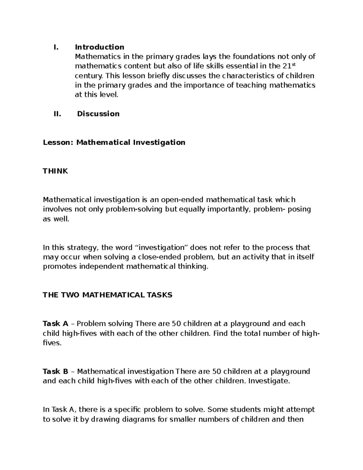 Mathematical Investigations in Primary Grades: Lesson Overview (Att ...