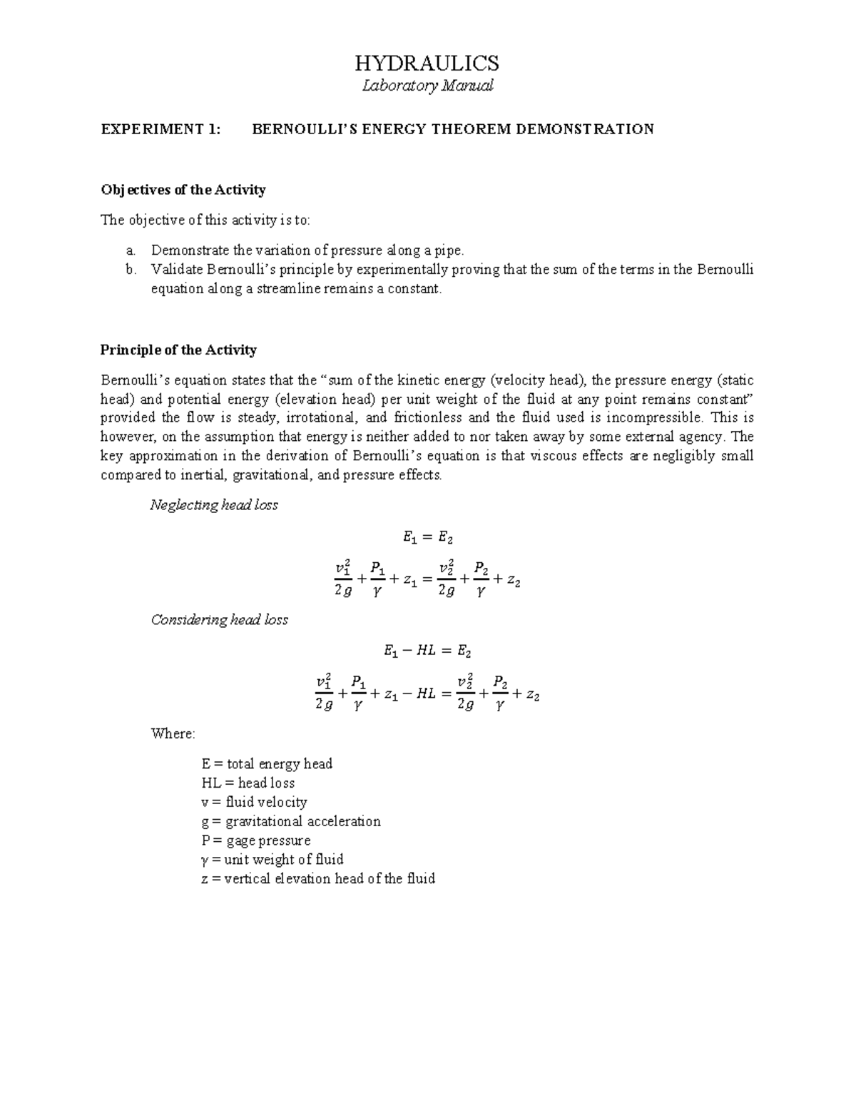Laboratory 1: Demonstrating Bernoulli's Energy Theorem in Hydraulics ...