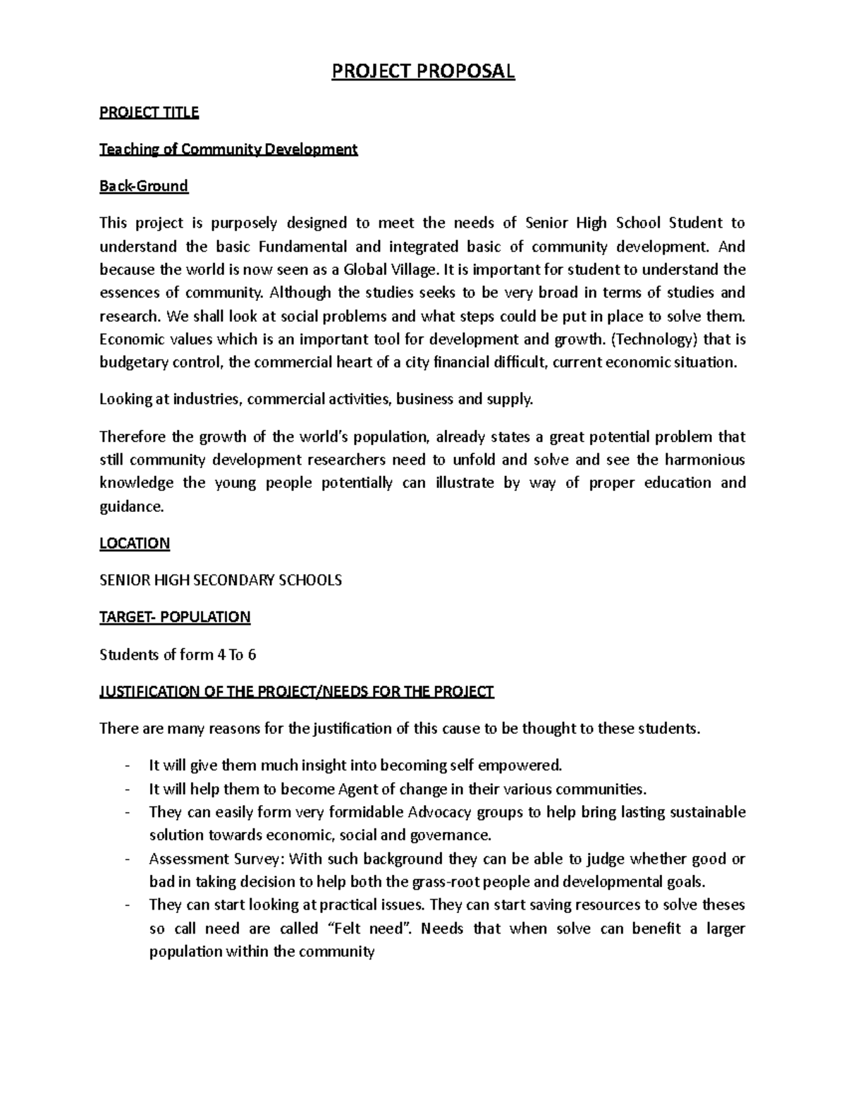 SHS Project Proposal: Teaching Community Development for Change - Studocu