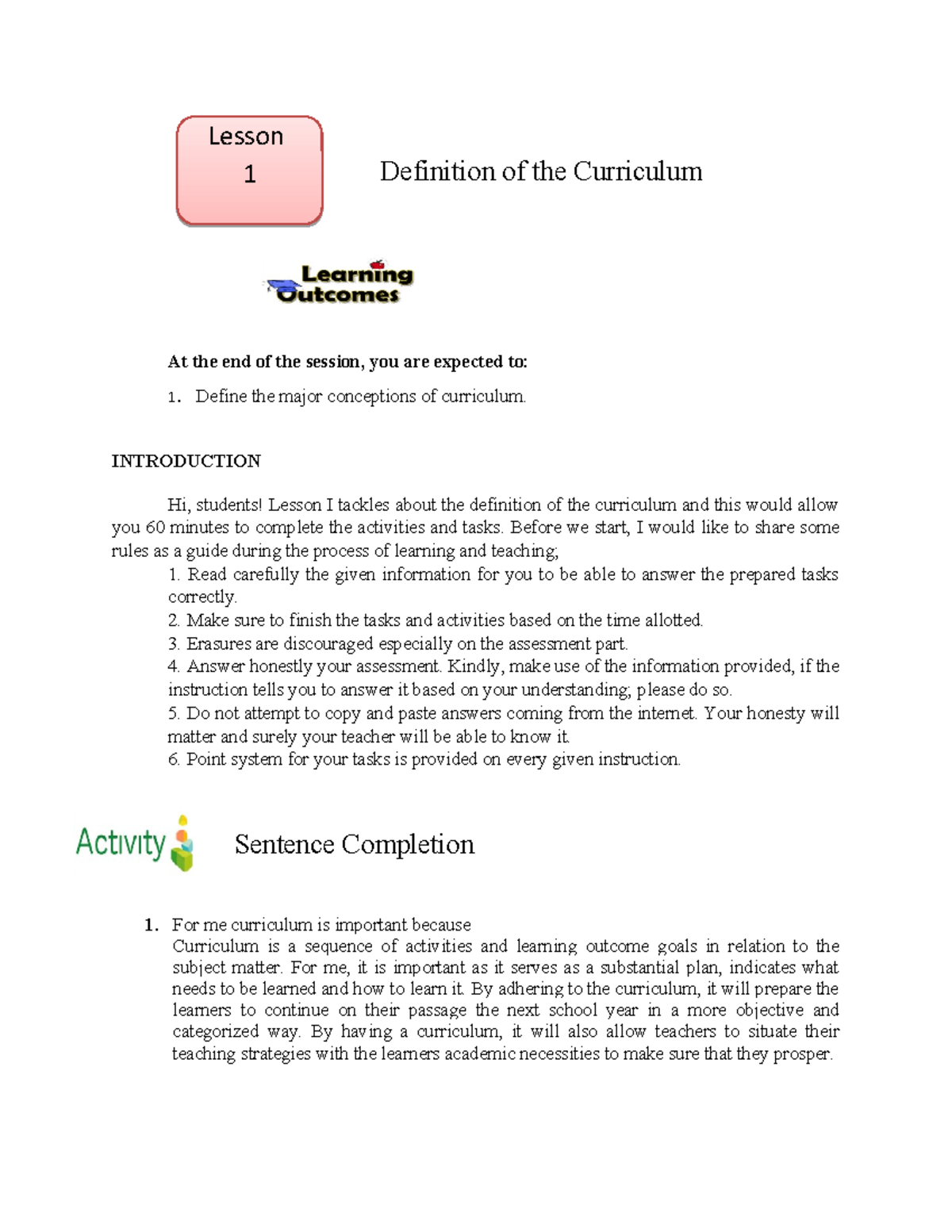Curriculum Concepts: Lesson 1 & 2 Overview for Education 101 - Studocu