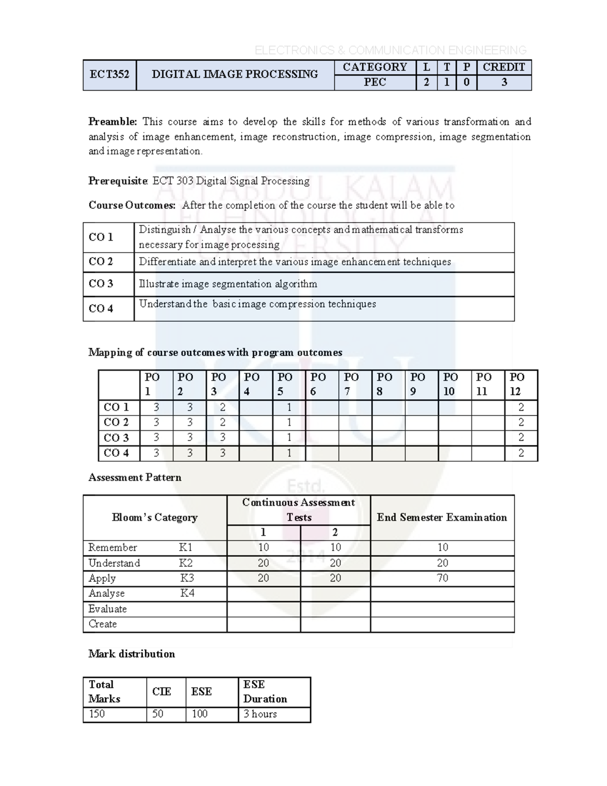 ECT352 Digital Image Processing Syllabus and Course Outline - Studocu