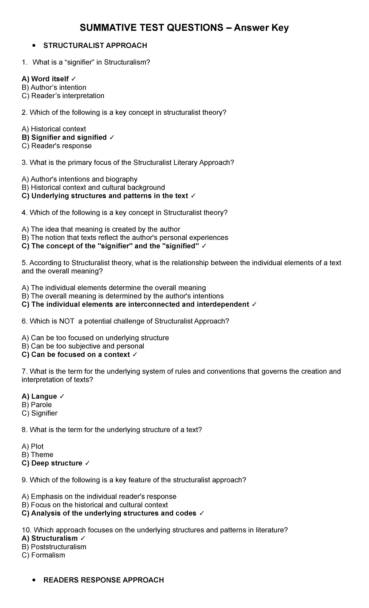 Summative Test Answer Key: Structuralist & Reader Response Approaches ...