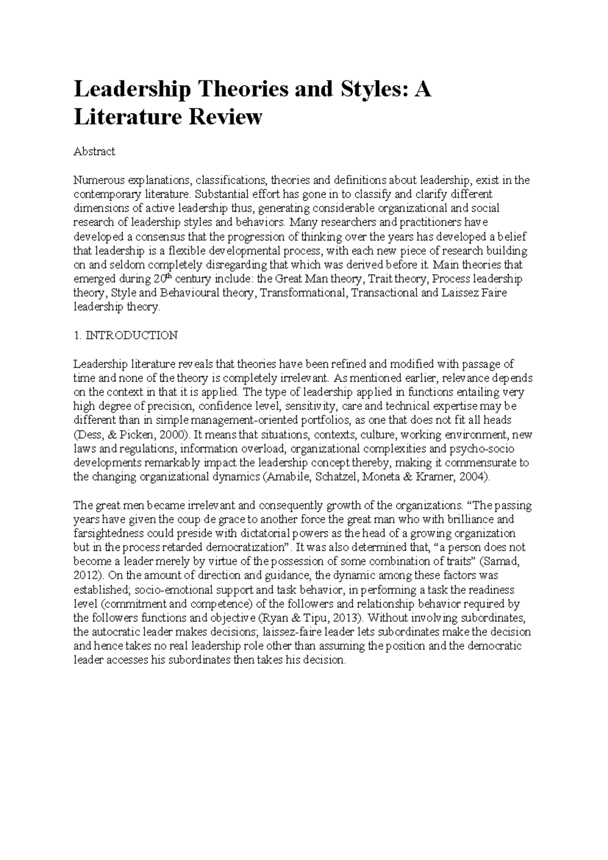 Leadership Theories and Styles: A Comprehensive Literature Review - Studocu