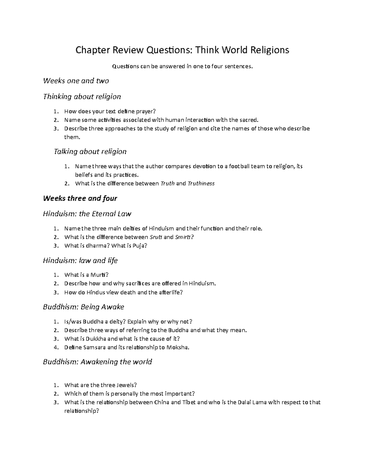 World Religions Review: Chapter Questions & Answers Guide - Studocu