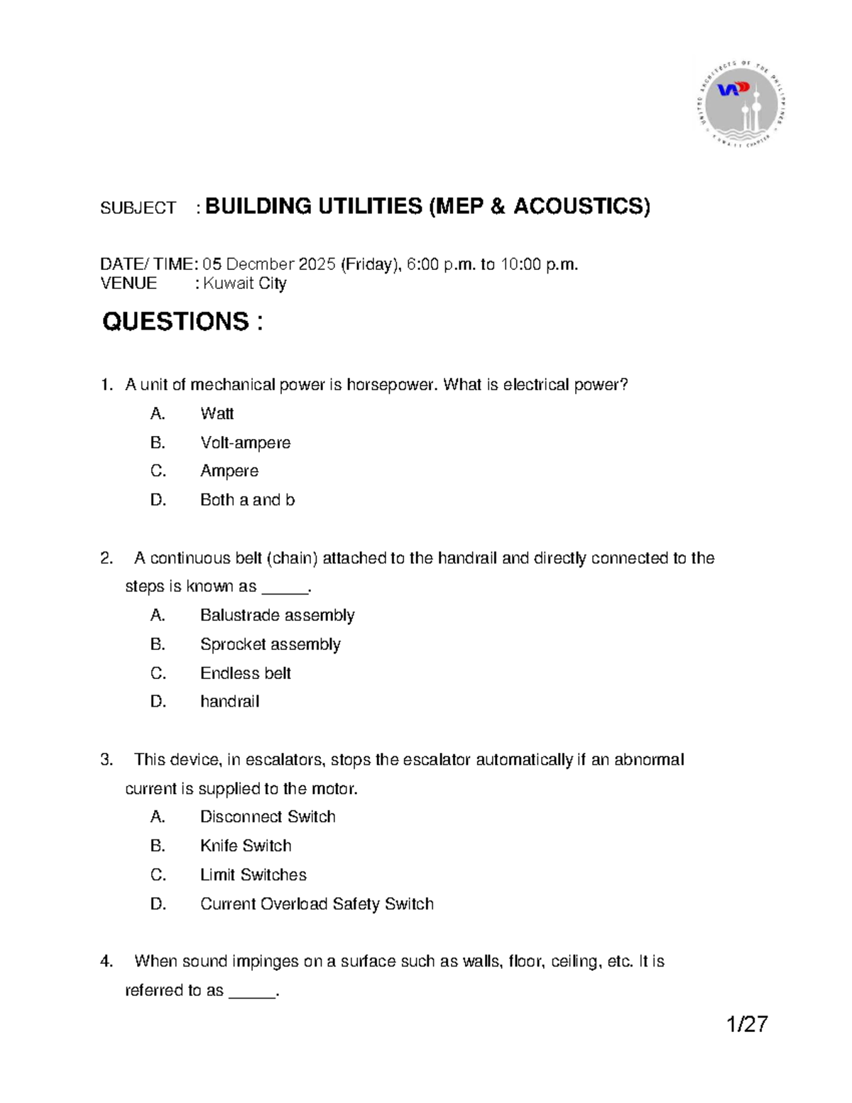 Building Utilities (MEP Acoustics) - Exam Questions & Answers - Studocu