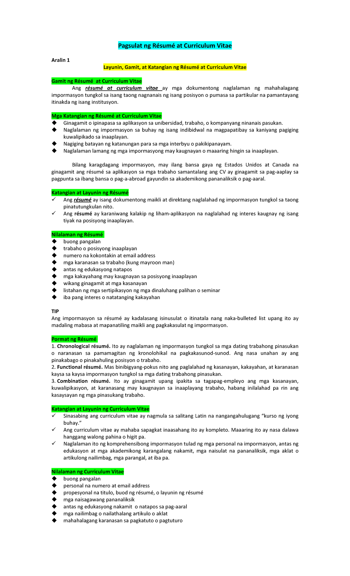 Aralin 8 - please study - Pagsulat ng Résumé at Curriculum Vitae Aralin ...