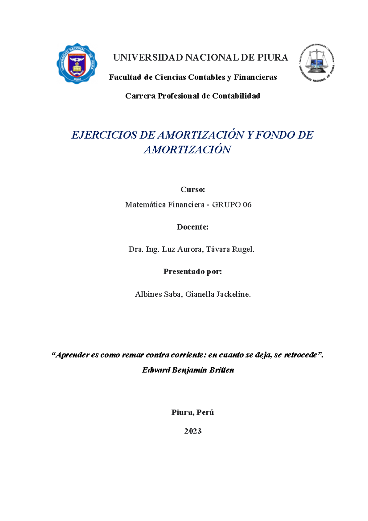 Ejercicios de Amortización - Matemática Financiera - Grupo 06 - Document Preview