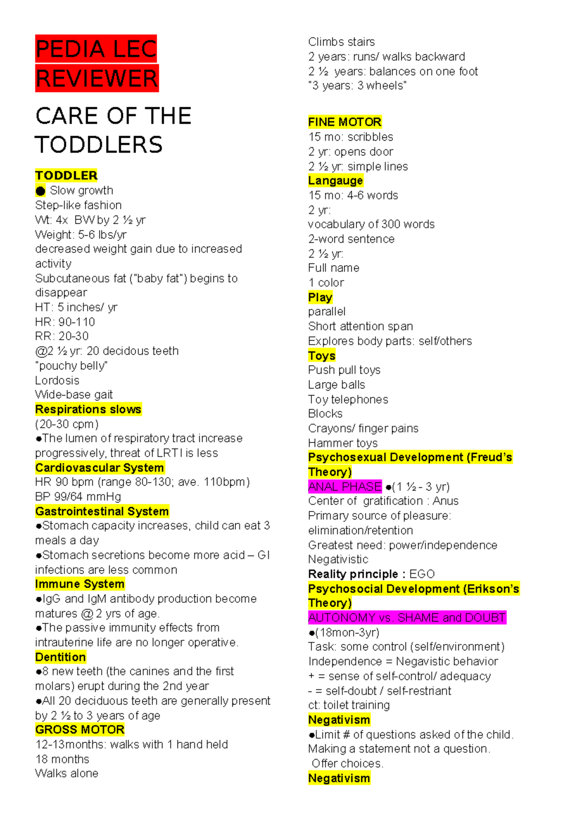 PEDIA LEC REVIEWER: Care of Toddlers and Infants Development - Studocu