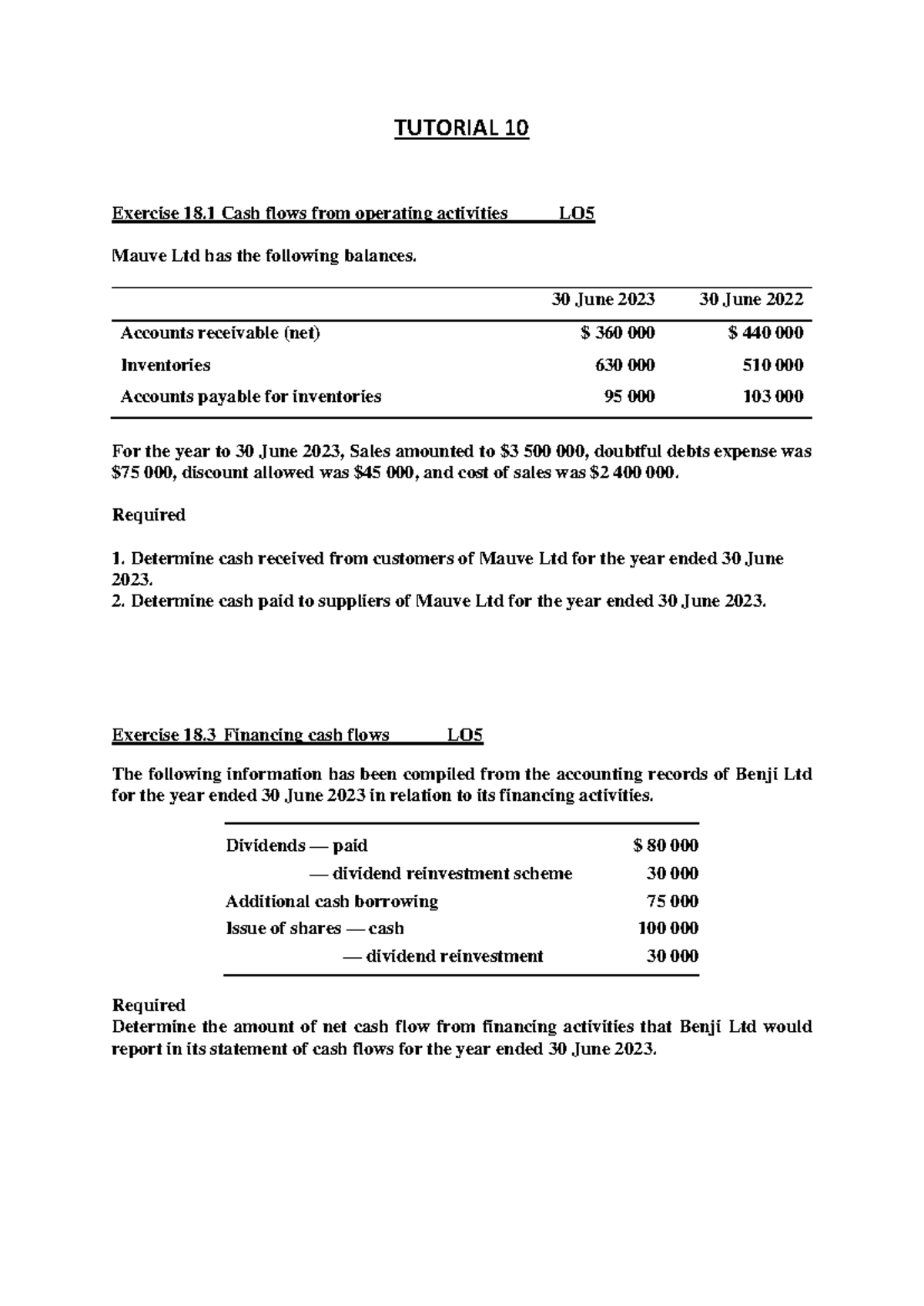 Tutorial 10: Cash Flows Analysis Exercises LO5 - Studocu