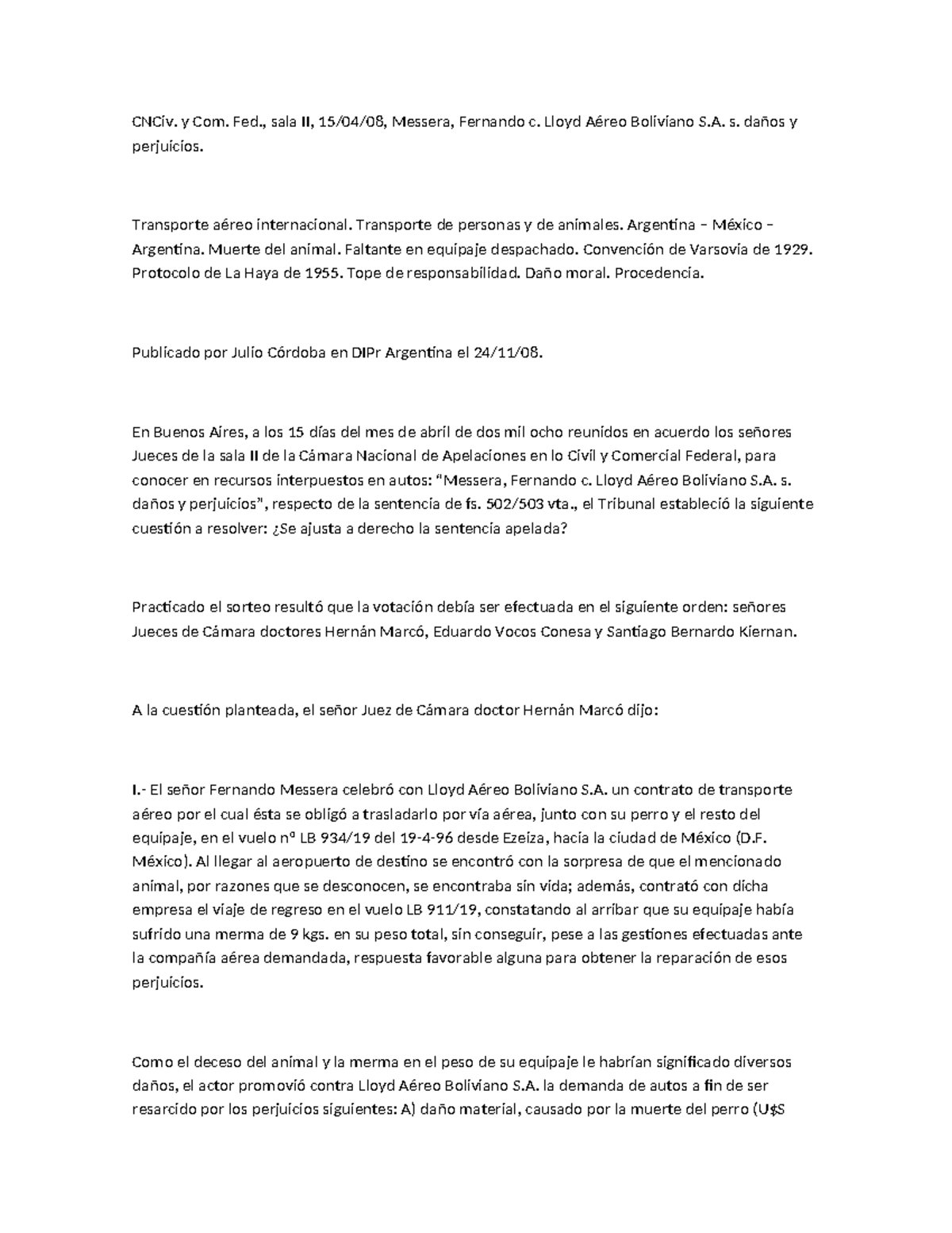 CNCiv. y Com. Fed. - Fallo en el Caso Messera c. Lloyd Aéreo Boliviano ...