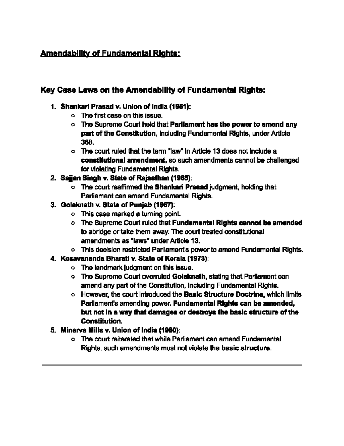 Amendability of Fundamental Rights: Key Case Laws Overview - Studocu
