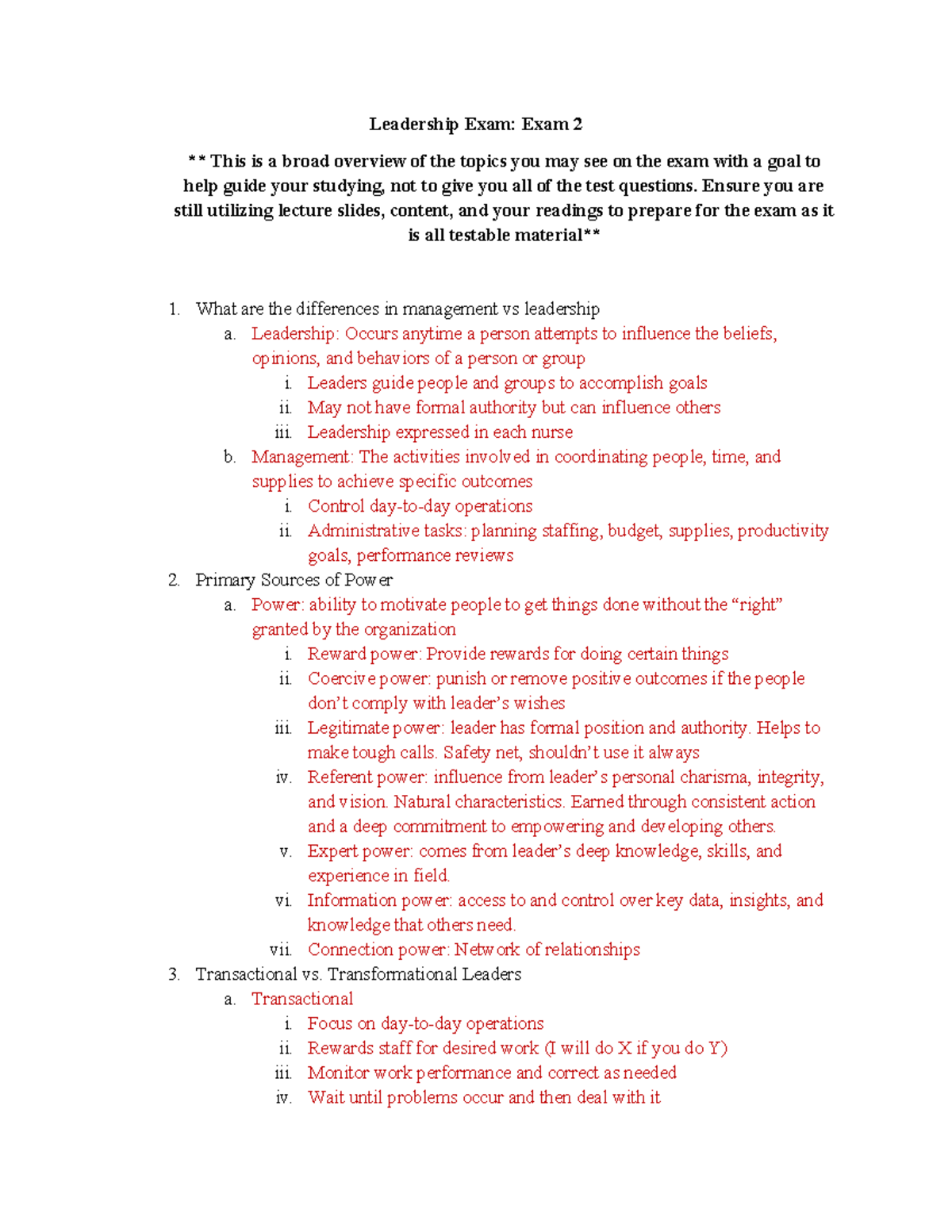 Nursing Leadership & Management: Exam 2 Study Guide Overview - Studocu