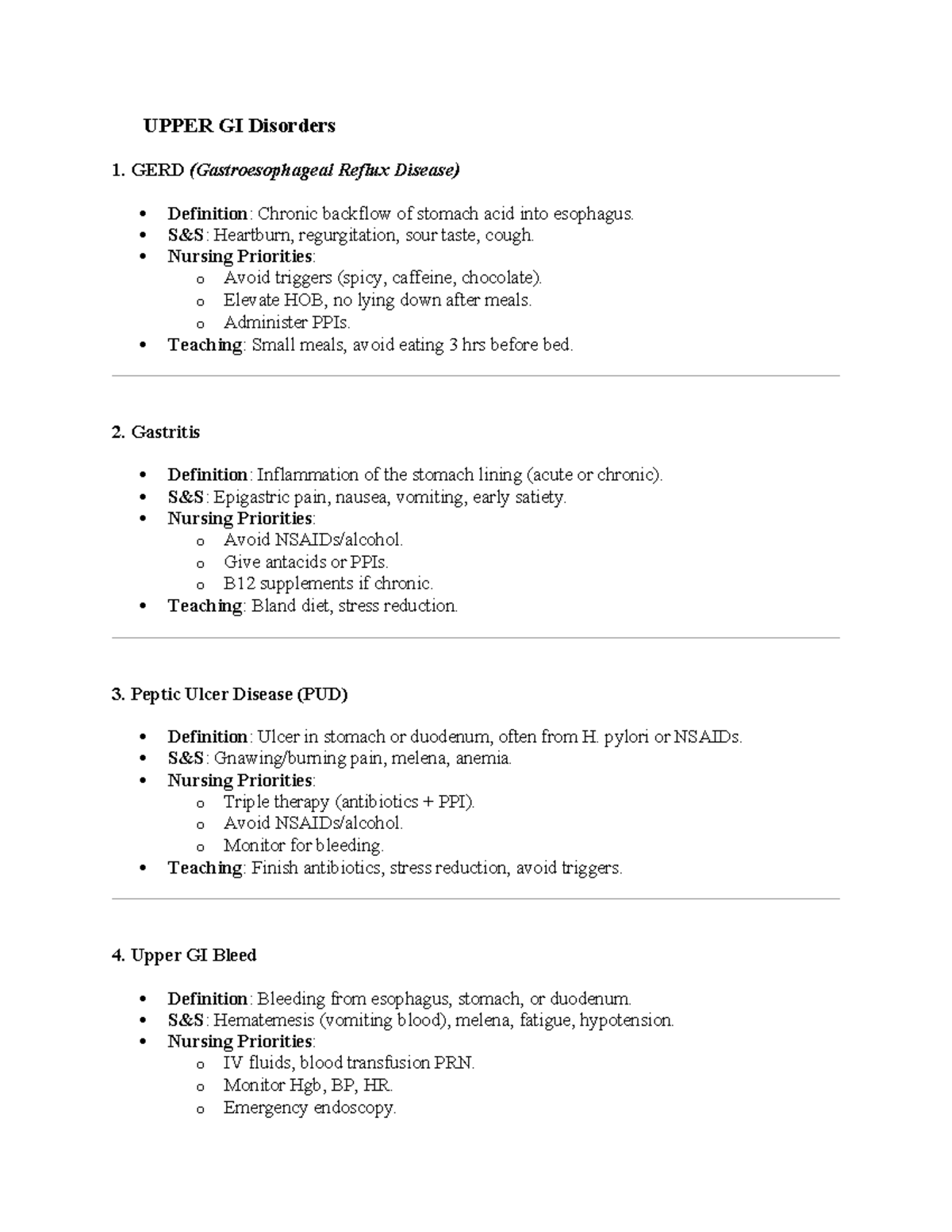 Upper GI & Lower GI Disorders Cheat Sheet for Nursing Care - Studocu