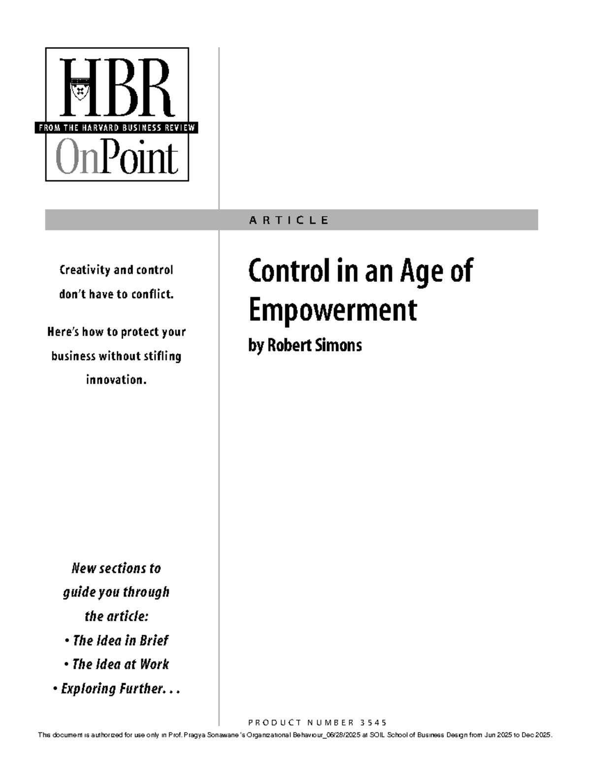 HBR OnPoint: Control vs. Creativity in Empowered Organizations - Studocu
