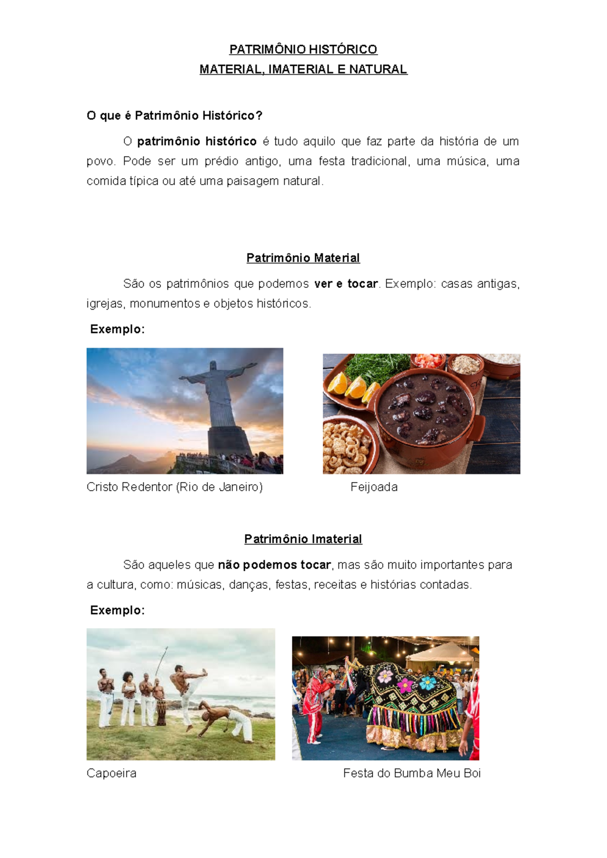 PATRIMÔNIO HISTÓRICO: Material, Imaterial e Natural - Studocu