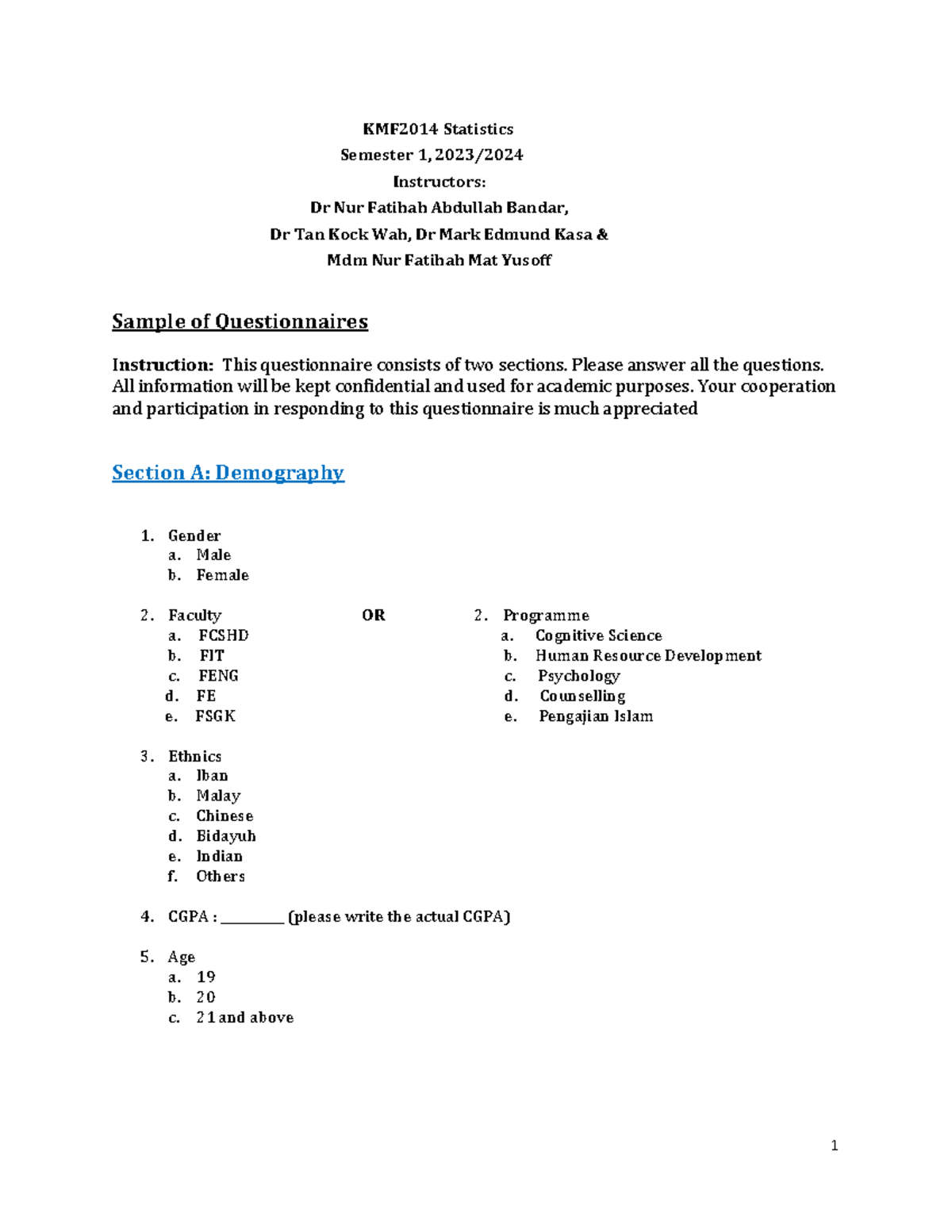 Sample Questionnaire for KMF2014 Statistics (Sesi 2023/24) - Studocu