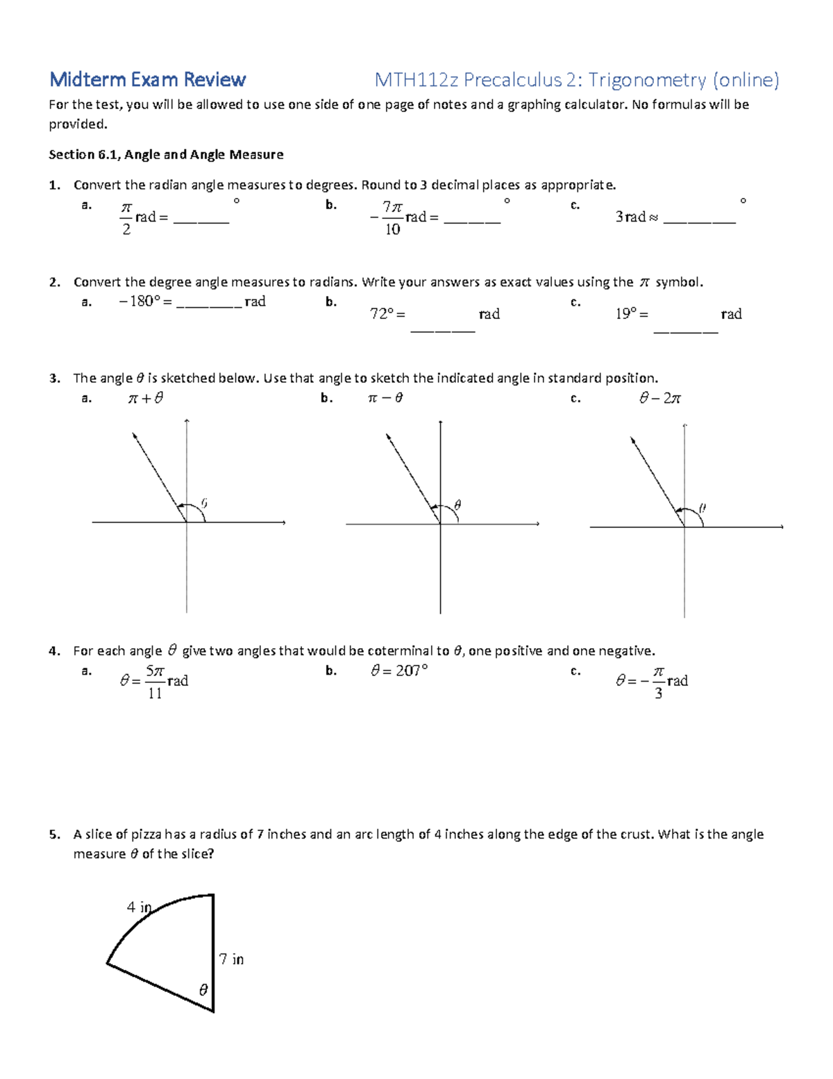 Midterm Exam Review: MTH112z Precalculus 2 - Trigonometry Concepts ...