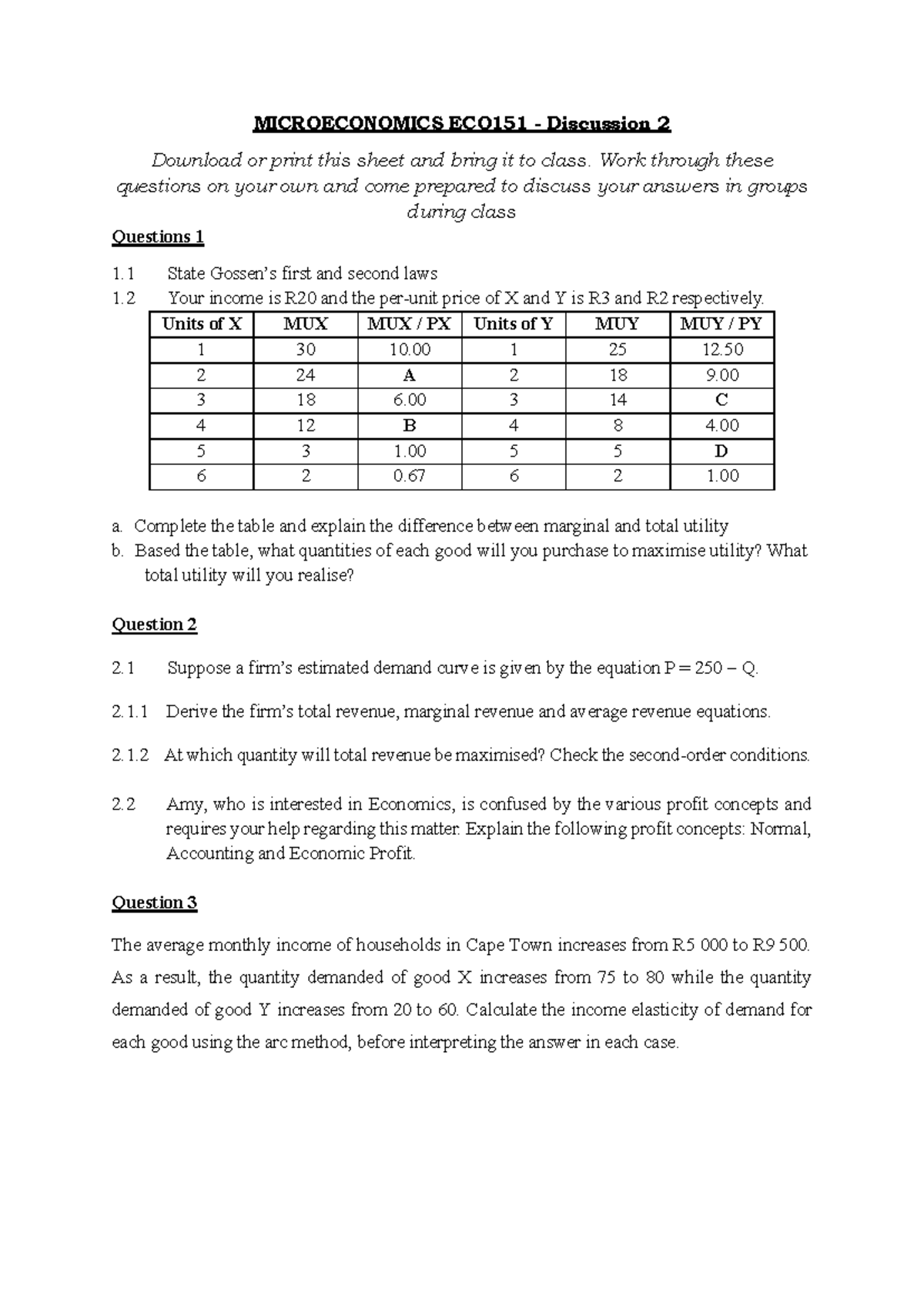 ECO151 Microeconomics Discussion 2: Utility & Demand Analysis - Studocu