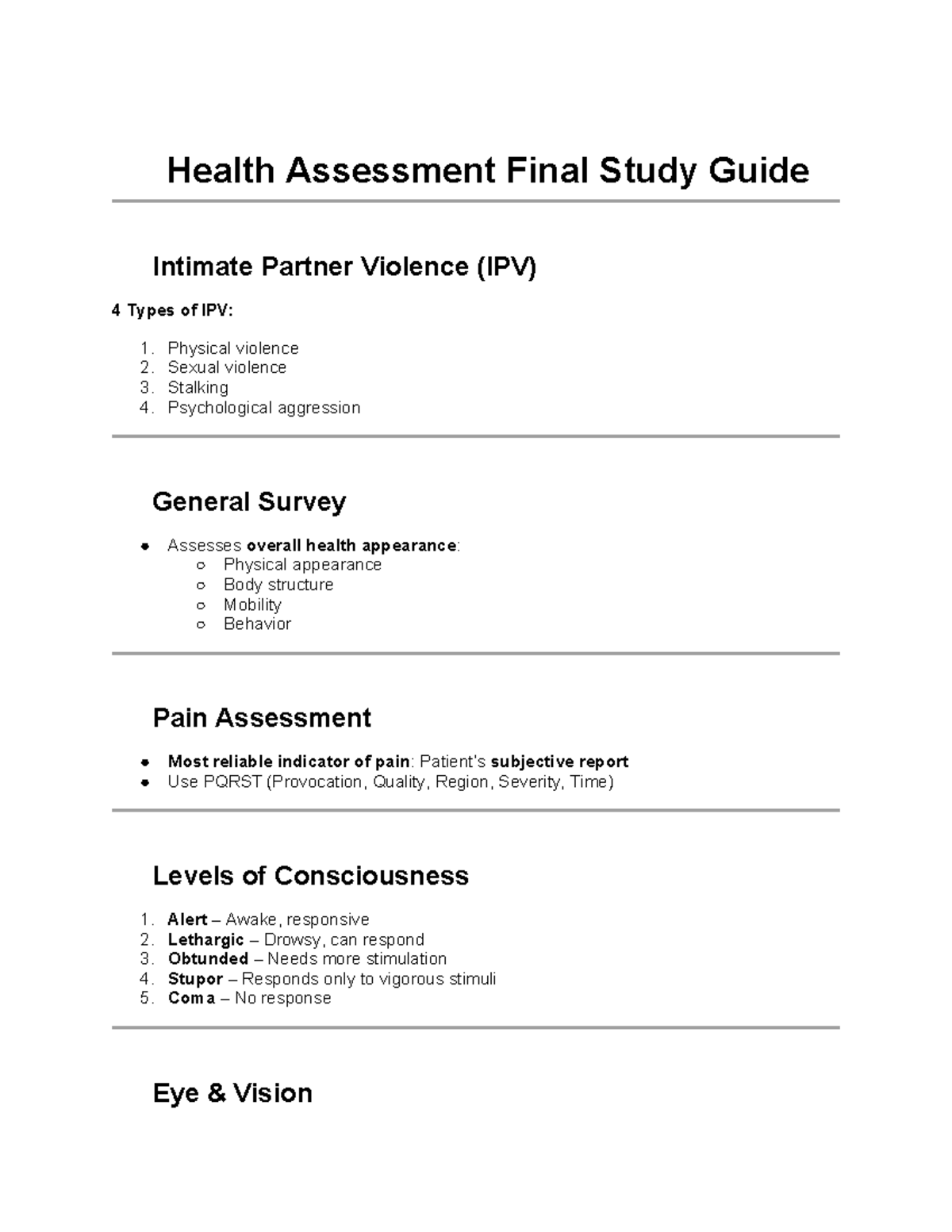 Health Assessment Final Study Guide for Nursing Students (NUR 101 ...