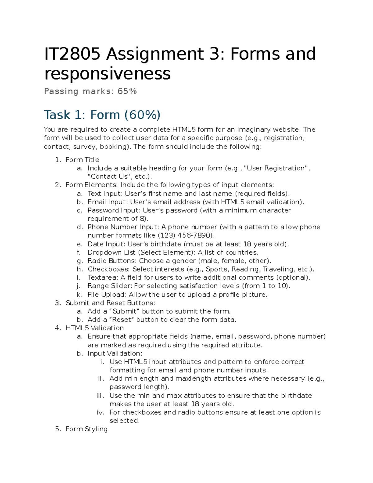 IT2805 Assignment 3: HTML5 Form Creation & Responsiveness Guide - Studocu