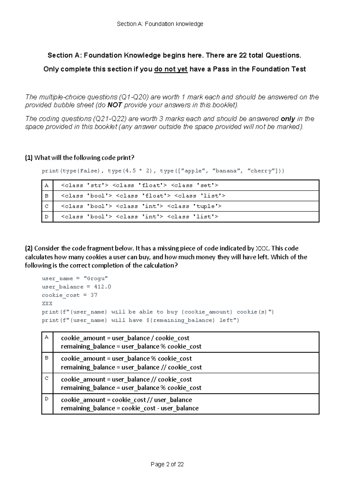 INFO1110 Foundation Exam Questions: Section A Overview - Studocu