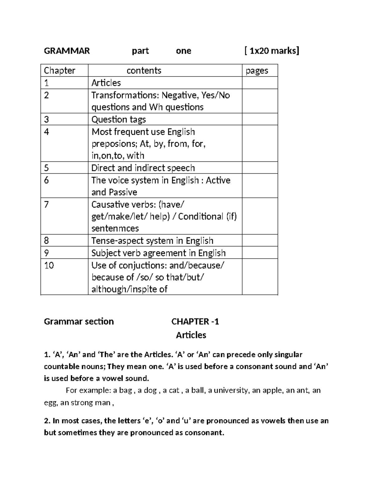 Grammar Part 1: Articles, Transformations, and Sentence Structures ...