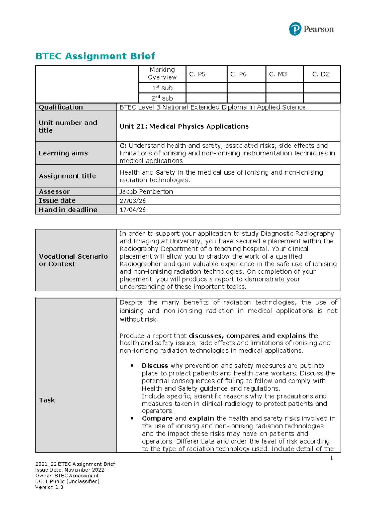 BTEC Level 3 Unit 21C Assignment Brief: Health & Safety in Medical ...