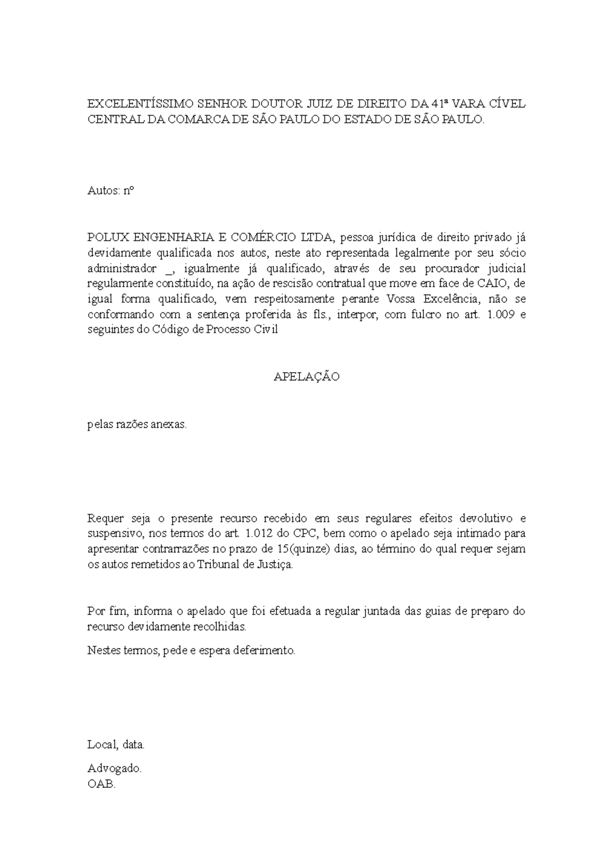 Apelação Polux - Análise do Recurso no Processo Civil - Document Preview