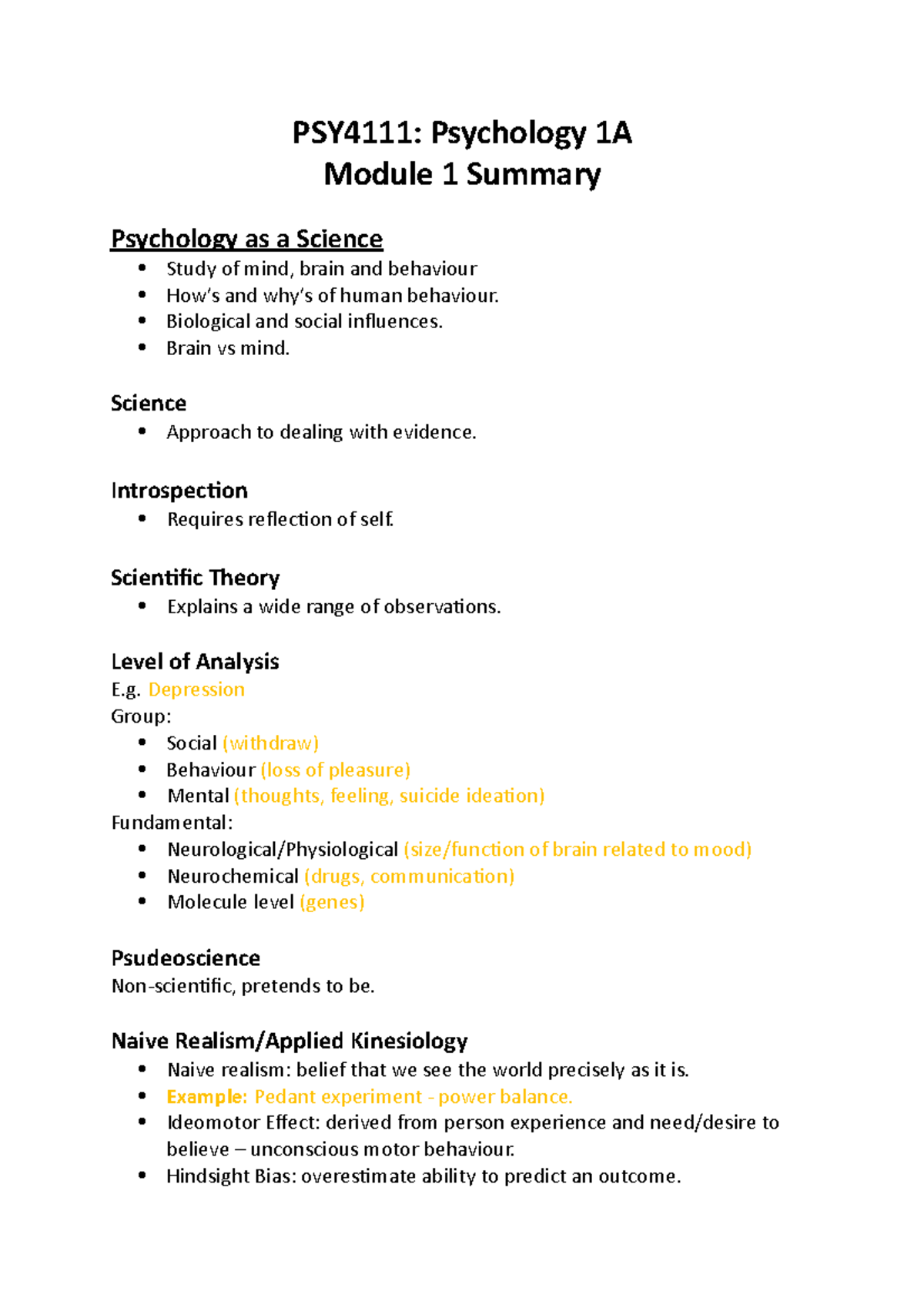 PSY4111 Summary notes - PSY4111: Psychology 1A Module 1 Summary ...