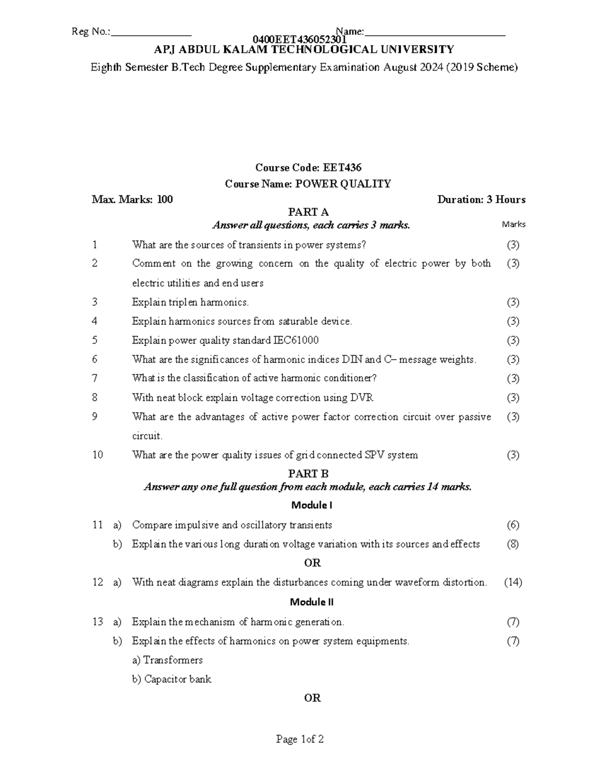 EET 0400EET Power Quality Previous Year Question Paper Exam 2024 - Studocu