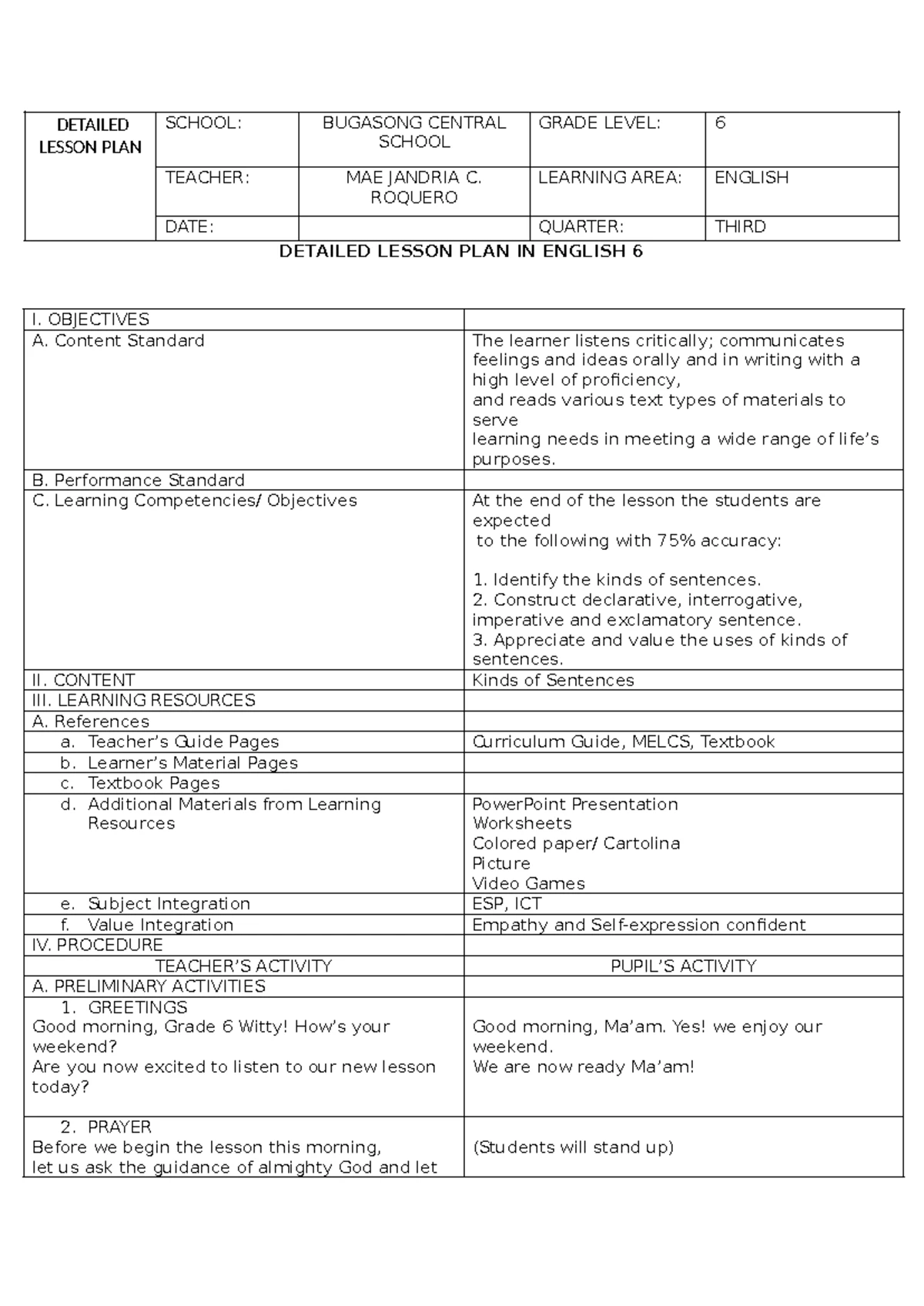 Detailed Lesson Plan for English 6: Degrees of Comparison - Studocu
