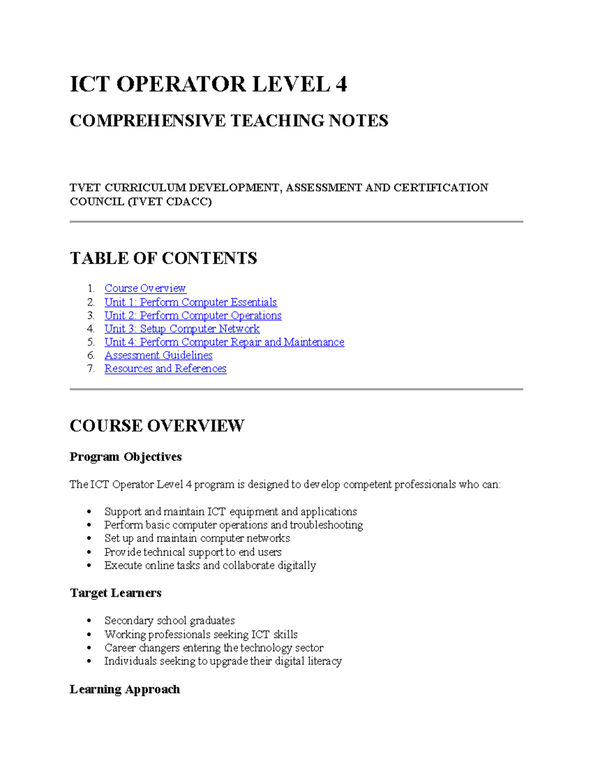 ICT OPERATOR LEVEL 4 FAST NOTES: TEACHING & ASSESSMENT GUIDE - Studocu