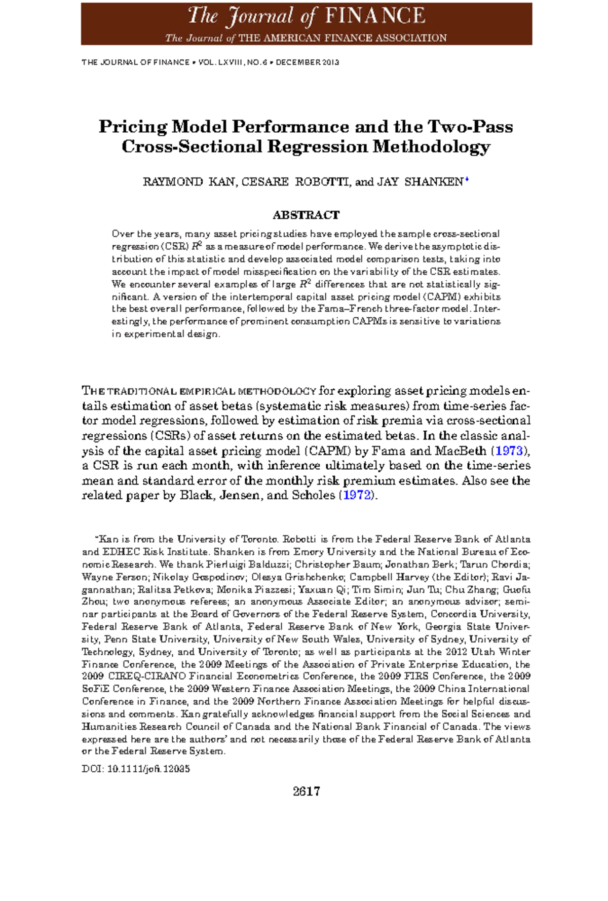 Performance of Pricing Models Using Two-Pass Cross-Sectional Regression ...