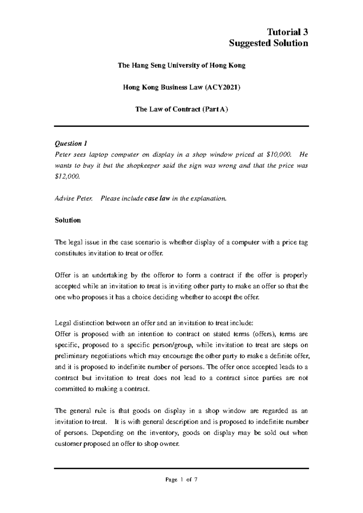 Topic 3 Tutorial Answers: Contract Law (Part A) - ACY2021 - Studocu