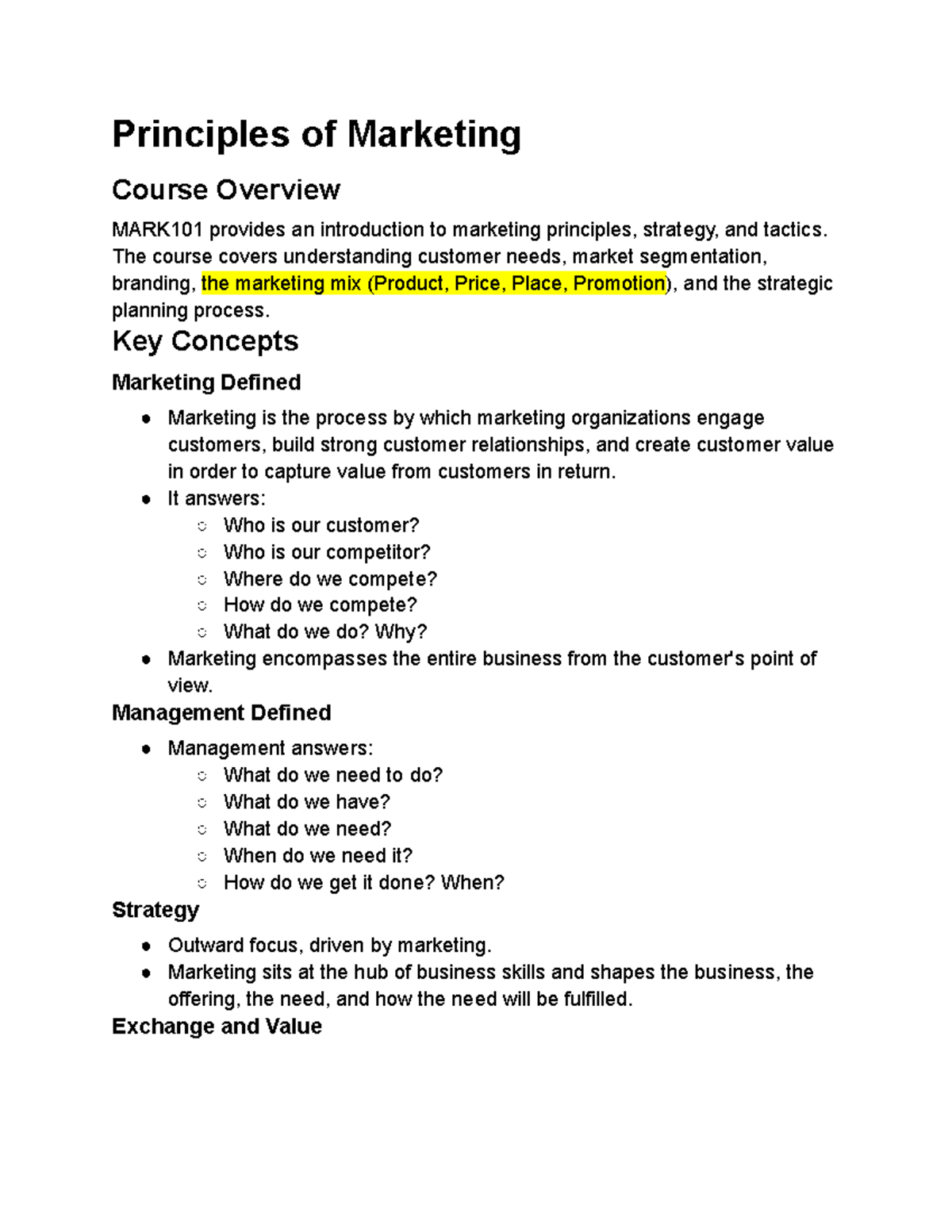 MARK101 Principles of Marketing Course Overview and Key Concepts - Studocu