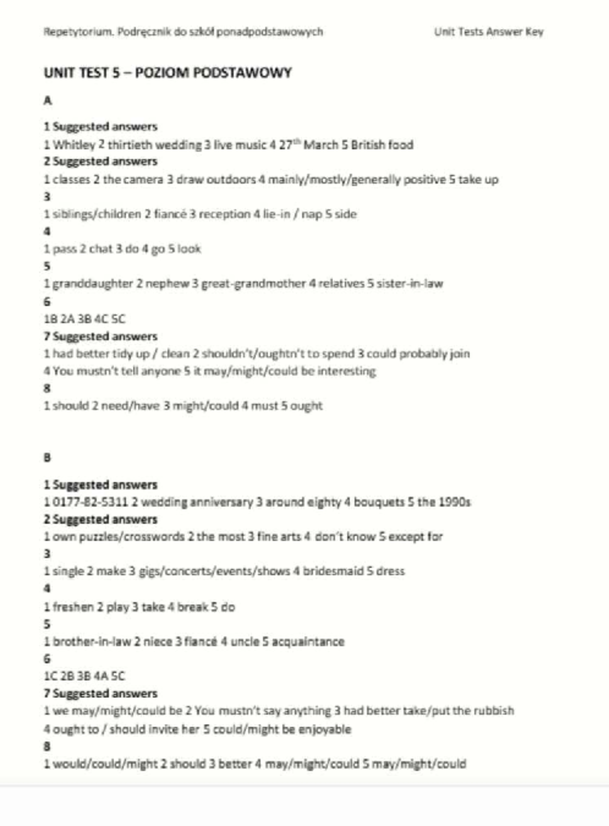 Unit Test 5 - Repetytorium Ponadpodstawowe Klasa 3 Answer Key - Studocu