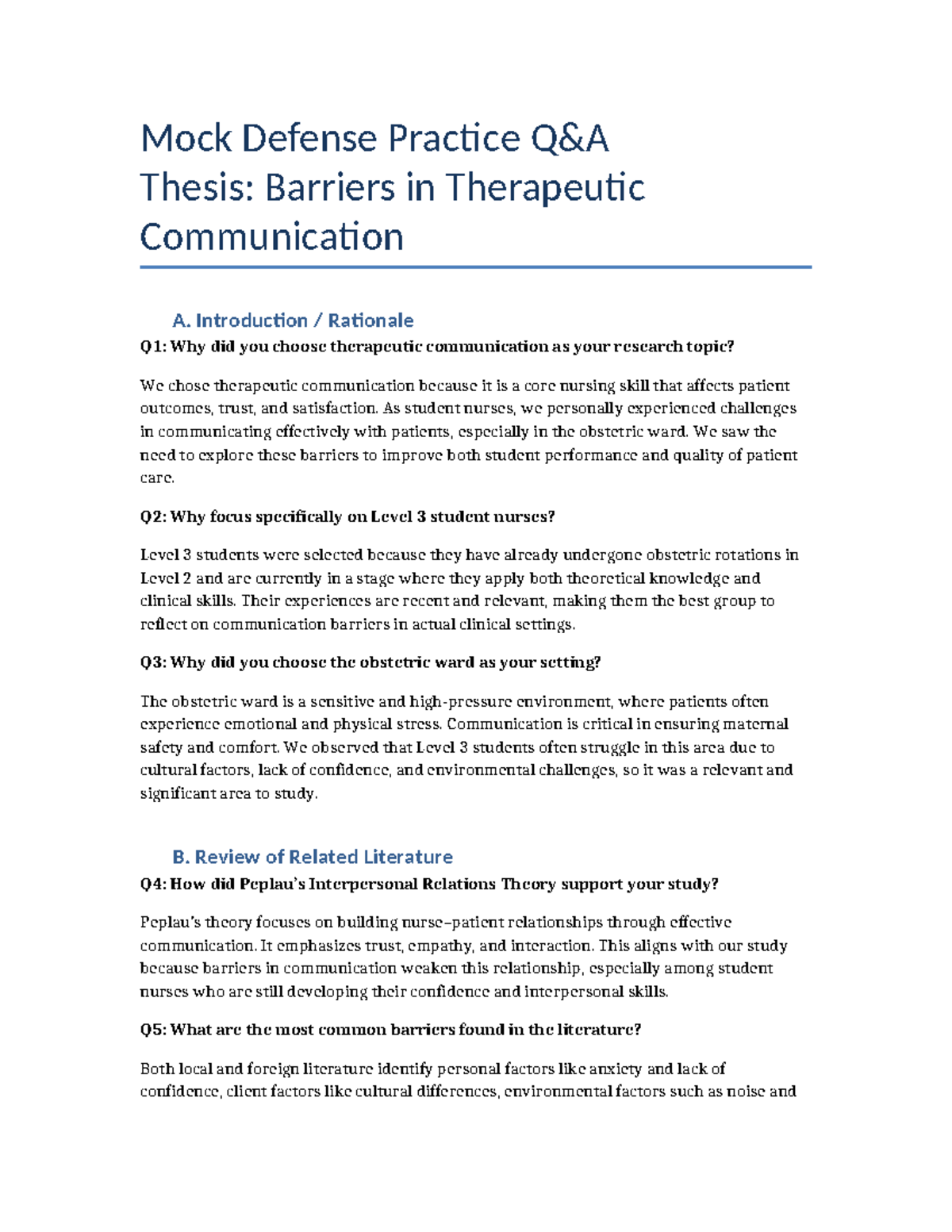 Mock Defense QA: Barriers in Therapeutic Communication Analysis - Studocu