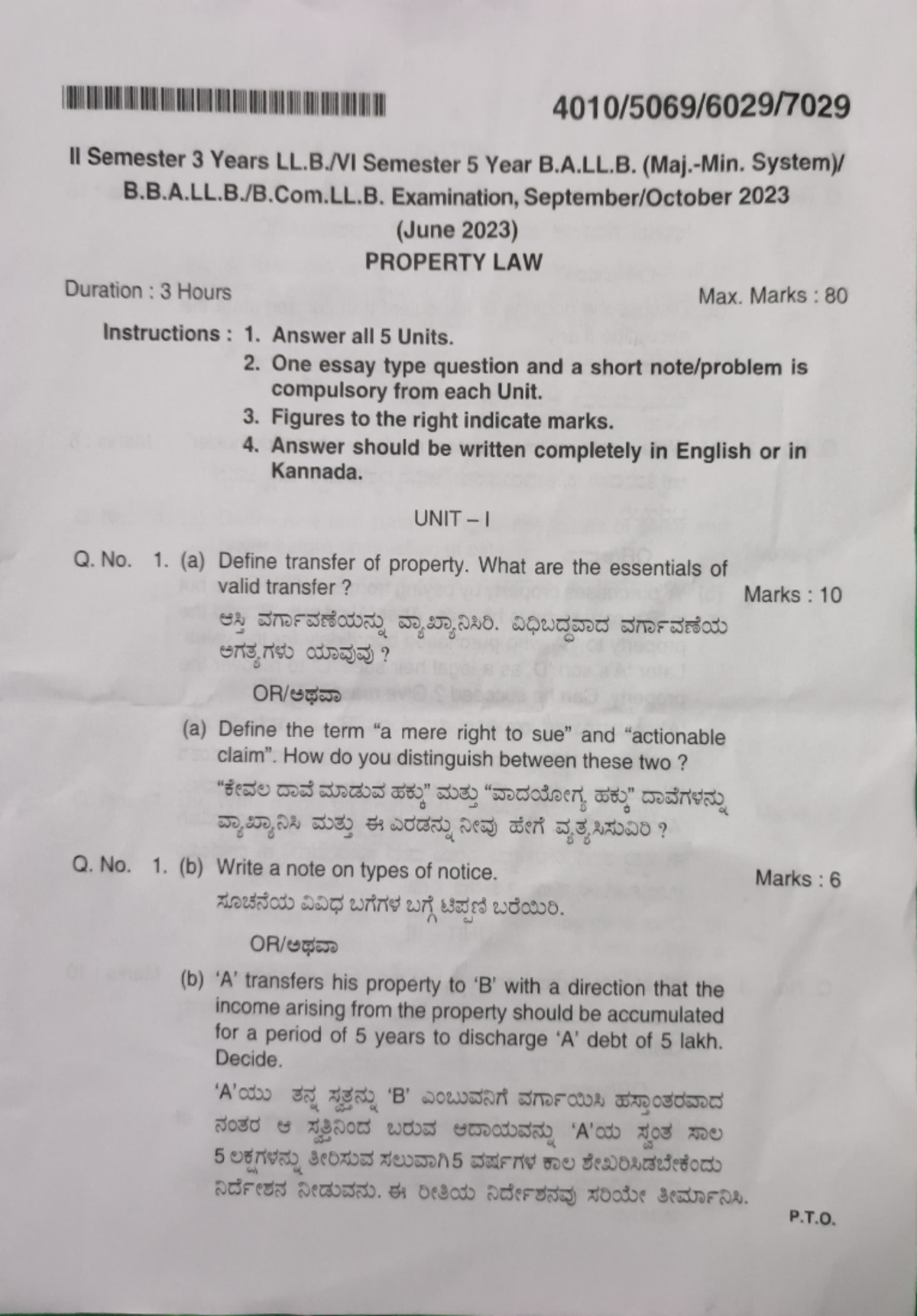 Property Law Exam Notes (6th Sem, 3rd Yr, BBA LLB, KSLU) - Studocu