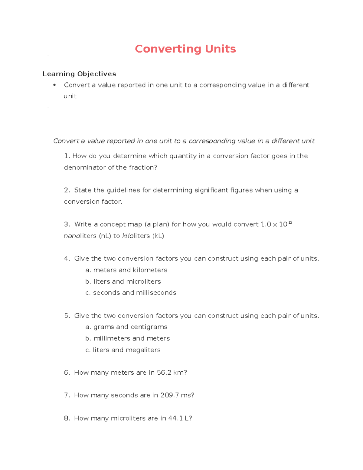Unit Conversion Practice Worksheet - Section 1.7 Assignment - Studocu
