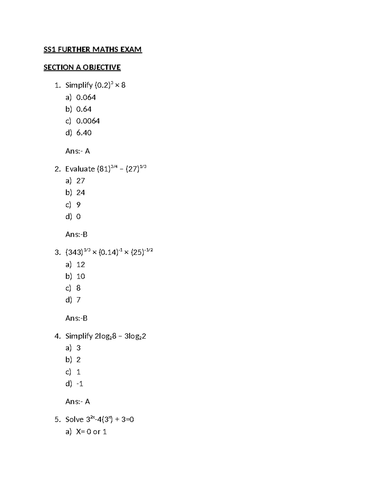 SS1 Further Maths Exam - Practice Questions and Answers - Studocu